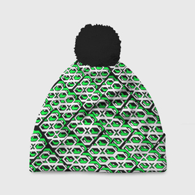 Шапка 3D c помпоном с принтом Зелёно белый узор на чёрном фоне в Курске, 100% полиэстер | универсальный размер, печать по всей поверхности изделия | 