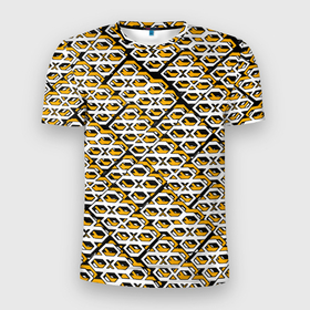 Мужская футболка 3D Slim с принтом Жёлто белый узор на чёрном фоне в Тюмени, 100% полиэстер с улучшенными характеристиками | приталенный силуэт, круглая горловина, широкие плечи, сужается к линии бедра | Тематика изображения на принте: 