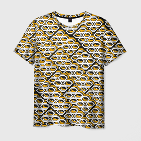 Мужская футболка 3D с принтом Жёлто белый узор на чёрном фоне в Курске, 100% полиэфир | прямой крой, круглый вырез горловины, длина до линии бедер | 