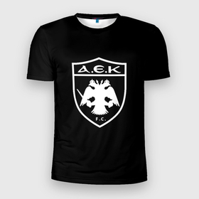 Мужская футболка 3D Slim с принтом AEK fc белое лого в Кировске, 100% полиэстер с улучшенными характеристиками | приталенный силуэт, круглая горловина, широкие плечи, сужается к линии бедра | 