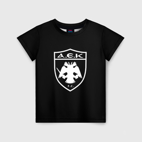 Детская футболка 3D с принтом AEK fc белое лого в Кировске, 100% гипоаллергенный полиэфир | прямой крой, круглый вырез горловины, длина до линии бедер, чуть спущенное плечо, ткань немного тянется | 