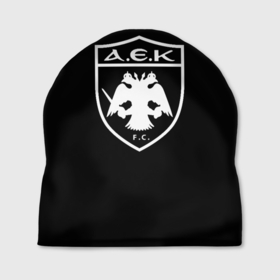 Шапка 3D с принтом AEK fc белое лого в Кировске, 100% полиэстер | универсальный размер, печать по всей поверхности изделия | 