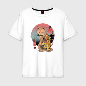 Мужская футболка хлопок Oversize с принтом Самурайский кот с ножом в Белгороде, 100% хлопок | свободный крой, круглый ворот, “спинка” длиннее передней части | 