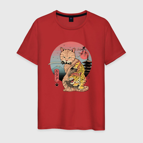 Мужская футболка хлопок с принтом Самурайский кот с ножом в Кировске, 100% хлопок | прямой крой, круглый вырез горловины, длина до линии бедер, слегка спущенное плечо. | 