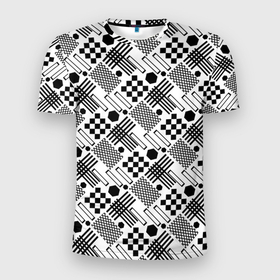 Мужская футболка 3D Slim с принтом Современный черно белый геометрический узор в Курске, 100% полиэстер с улучшенными характеристиками | приталенный силуэт, круглая горловина, широкие плечи, сужается к линии бедра | 