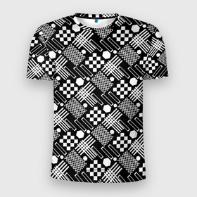 Мужская футболка 3D Slim с принтом Черно белый узор из геометрических фигур , 100% полиэстер с улучшенными характеристиками | приталенный силуэт, круглая горловина, широкие плечи, сужается к линии бедра | 