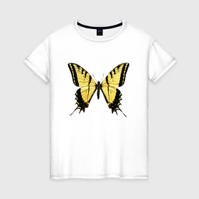 Женская футболка хлопок с принтом Бабочка желтая с черными полосками , 100% хлопок | прямой крой, круглый вырез горловины, длина до линии бедер, слегка спущенное плечо | 