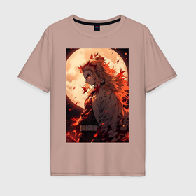 Мужская футболка хлопок Oversize с принтом Кёджуро Ренгоку столп пламени , 100% хлопок | свободный крой, круглый ворот, “спинка” длиннее передней части | Тематика изображения на принте: 