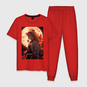 Мужская пижама хлопок с принтом Кёджуро Ренгоку столп пламени , 100% хлопок | брюки и футболка прямого кроя, без карманов, на брюках мягкая резинка на поясе и по низу штанин
 | 