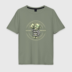 Мужская футболка хлопок Oversize с принтом Скелет сжимает доллары в Екатеринбурге, 100% хлопок | свободный крой, круглый ворот, “спинка” длиннее передней части | Тематика изображения на принте: 