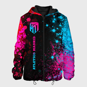 Мужская куртка 3D с принтом Atletico Madrid   neon gradient по вертикали в Екатеринбурге, ткань верха — 100% полиэстер, подклад — флис | прямой крой, подол и капюшон оформлены резинкой с фиксаторами, два кармана без застежек по бокам, один большой потайной карман на груди. Карман на груди застегивается на липучку | Тематика изображения на принте: 