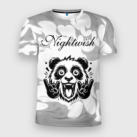 Мужская футболка 3D Slim с принтом Nightwish рок панда на светлом фоне в Тюмени, 100% полиэстер с улучшенными характеристиками | приталенный силуэт, круглая горловина, широкие плечи, сужается к линии бедра | Тематика изображения на принте: 