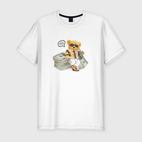 Мужская футболка хлопок Slim с принтом Плюшевый медвежонок с деньгами в Екатеринбурге, 92% хлопок, 8% лайкра | приталенный силуэт, круглый вырез ворота, длина до линии бедра, короткий рукав | 