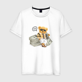 Мужская футболка хлопок с принтом Плюшевый медвежонок с деньгами в Новосибирске, 100% хлопок | прямой крой, круглый вырез горловины, длина до линии бедер, слегка спущенное плечо. | 