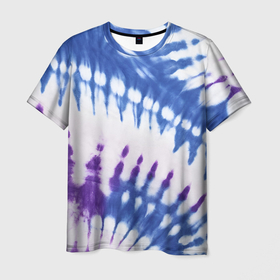Мужская футболка 3D с принтом Сине фиолетовый узор тай дай , 100% полиэфир | прямой крой, круглый вырез горловины, длина до линии бедер | 