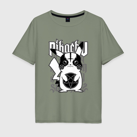 Мужская футболка хлопок Oversize с принтом Пикачу металлист в Санкт-Петербурге, 100% хлопок | свободный крой, круглый ворот, “спинка” длиннее передней части | Тематика изображения на принте: 