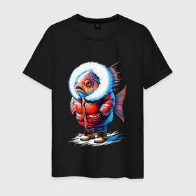 Мужская футболка хлопок с принтом Рыба в шубе в снегу , 100% хлопок | прямой крой, круглый вырез горловины, длина до линии бедер, слегка спущенное плечо. | 