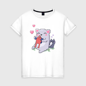 Женская футболка хлопок с принтом Коты с рыбой в стиле пиксель арт в Петрозаводске, 100% хлопок | прямой крой, круглый вырез горловины, длина до линии бедер, слегка спущенное плечо | 