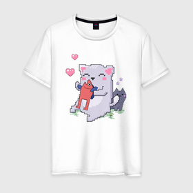 Мужская футболка хлопок с принтом Коты с рыбой в стиле пиксель арт , 100% хлопок | прямой крой, круглый вырез горловины, длина до линии бедер, слегка спущенное плечо. | 
