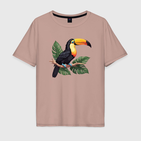 Мужская футболка хлопок Oversize с принтом Тукан тропическая птица в Петрозаводске, 100% хлопок | свободный крой, круглый ворот, “спинка” длиннее передней части | 