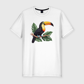 Мужская футболка хлопок Slim с принтом Тукан тропическая птица , 92% хлопок, 8% лайкра | приталенный силуэт, круглый вырез ворота, длина до линии бедра, короткий рукав | Тематика изображения на принте: 