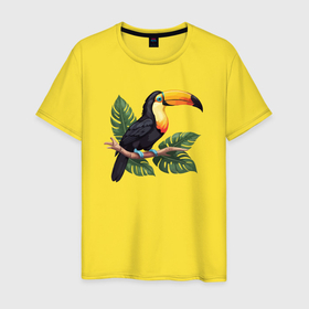 Мужская футболка хлопок с принтом Тукан тропическая птица , 100% хлопок | прямой крой, круглый вырез горловины, длина до линии бедер, слегка спущенное плечо. | Тематика изображения на принте: 