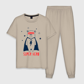 Мужская пижама хлопок с принтом Мишка супергерой в Курске, 100% хлопок | брюки и футболка прямого кроя, без карманов, на брюках мягкая резинка на поясе и по низу штанин
 | Тематика изображения на принте: 