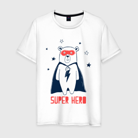 Мужская футболка хлопок с принтом Мишка супергерой в Санкт-Петербурге, 100% хлопок | прямой крой, круглый вырез горловины, длина до линии бедер, слегка спущенное плечо. | 