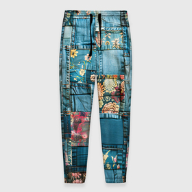 Мужские брюки 3D с принтом Джинсовые лоскуты с цветочками в Петрозаводске, 100% полиэстер | манжеты по низу, эластичный пояс регулируется шнурком, по бокам два кармана без застежек, внутренняя часть кармана из мелкой сетки | 