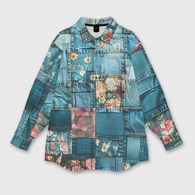 Мужская рубашка oversize 3D с принтом Джинсовые лоскуты с цветочками ,  |  | 