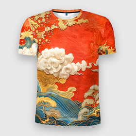 Мужская футболка 3D Slim с принтом Китайский узор облаков в Кировске, 100% полиэстер с улучшенными характеристиками | приталенный силуэт, круглая горловина, широкие плечи, сужается к линии бедра | Тематика изображения на принте: 