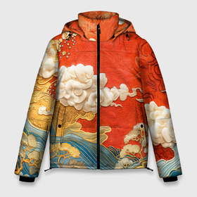 Мужская зимняя куртка 3D с принтом Китайский узор облаков в Курске, верх — 100% полиэстер; подкладка — 100% полиэстер; утеплитель — 100% полиэстер | длина ниже бедра, свободный силуэт Оверсайз. Есть воротник-стойка, отстегивающийся капюшон и ветрозащитная планка. 

Боковые карманы с листочкой на кнопках и внутренний карман на молнии. | Тематика изображения на принте: 