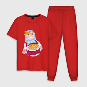Мужская пижама хлопок с принтом Матрешка хозяйка в русском стиле с пирогом в Курске, 100% хлопок | брюки и футболка прямого кроя, без карманов, на брюках мягкая резинка на поясе и по низу штанин
 | 