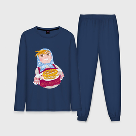 Мужская пижама с лонгсливом хлопок с принтом Матрешка хозяйка в русском стиле с пирогом ,  |  | Тематика изображения на принте: 