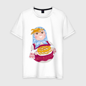 Мужская футболка хлопок с принтом Матрешка хозяйка в русском стиле с пирогом в Тюмени, 100% хлопок | прямой крой, круглый вырез горловины, длина до линии бедер, слегка спущенное плечо. | 