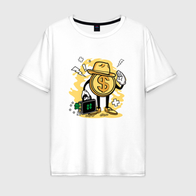 Мужская футболка хлопок Oversize с принтом Доллар с чемоданом денег в Новосибирске, 100% хлопок | свободный крой, круглый ворот, “спинка” длиннее передней части | Тематика изображения на принте: 
