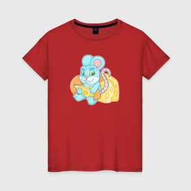 Женская футболка хлопок с принтом Милый мышонок с сыром в Кировске, 100% хлопок | прямой крой, круглый вырез горловины, длина до линии бедер, слегка спущенное плечо | 