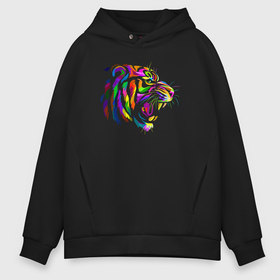 Мужское худи Oversize хлопок с принтом Color tiger в Петрозаводске, френч-терри — 70% хлопок, 30% полиэстер. Мягкий теплый начес внутри —100% хлопок | боковые карманы, эластичные манжеты и нижняя кромка, капюшон на магнитной кнопке | Тематика изображения на принте: 