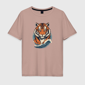 Мужская футболка хлопок Oversize с принтом Тигр и морская волна в Кировске, 100% хлопок | свободный крой, круглый ворот, “спинка” длиннее передней части | 