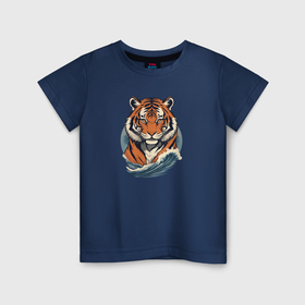 Детская футболка хлопок с принтом Тигр и морская волна в Екатеринбурге, 100% хлопок | круглый вырез горловины, полуприлегающий силуэт, длина до линии бедер | Тематика изображения на принте: 