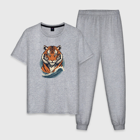 Мужская пижама хлопок с принтом Тигр и морская волна в Белгороде, 100% хлопок | брюки и футболка прямого кроя, без карманов, на брюках мягкая резинка на поясе и по низу штанин
 | 