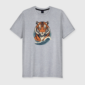 Мужская футболка хлопок Slim с принтом Тигр и морская волна в Санкт-Петербурге, 92% хлопок, 8% лайкра | приталенный силуэт, круглый вырез ворота, длина до линии бедра, короткий рукав | 
