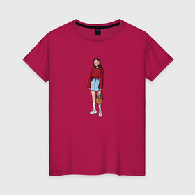 Женская футболка хлопок с принтом Девушка с корзиной в Кировске, 100% хлопок | прямой крой, круглый вырез горловины, длина до линии бедер, слегка спущенное плечо | 