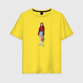 Женская футболка хлопок Oversize с принтом Девушка с корзиной , 100% хлопок | свободный крой, круглый ворот, спущенный рукав, длина до линии бедер
 | 