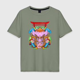 Мужская футболка хлопок Oversize с принтом Мифологический японский демон в Санкт-Петербурге, 100% хлопок | свободный крой, круглый ворот, “спинка” длиннее передней части | 