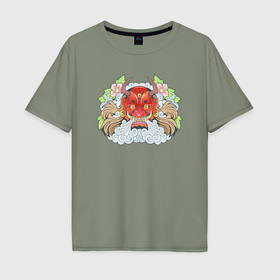 Мужская футболка хлопок Oversize с принтом Древний японский демон они в Санкт-Петербурге, 100% хлопок | свободный крой, круглый ворот, “спинка” длиннее передней части | 