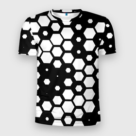 Мужская футболка 3D Slim с принтом Белые соты киберпанк в Белгороде, 100% полиэстер с улучшенными характеристиками | приталенный силуэт, круглая горловина, широкие плечи, сужается к линии бедра | 