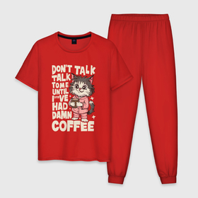 Мужская пижама хлопок с принтом Котик с чашкой ароматного кофе в Петрозаводске, 100% хлопок | брюки и футболка прямого кроя, без карманов, на брюках мягкая резинка на поясе и по низу штанин
 | 