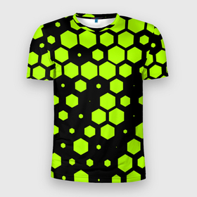 Мужская футболка 3D Slim с принтом Зеленые соты киберпанк в Белгороде, 100% полиэстер с улучшенными характеристиками | приталенный силуэт, круглая горловина, широкие плечи, сужается к линии бедра | 