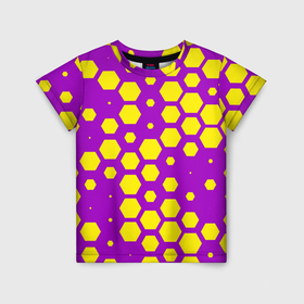 Детская футболка 3D с принтом Желтые соты на фиолетовом фоне в Курске, 100% гипоаллергенный полиэфир | прямой крой, круглый вырез горловины, длина до линии бедер, чуть спущенное плечо, ткань немного тянется | 